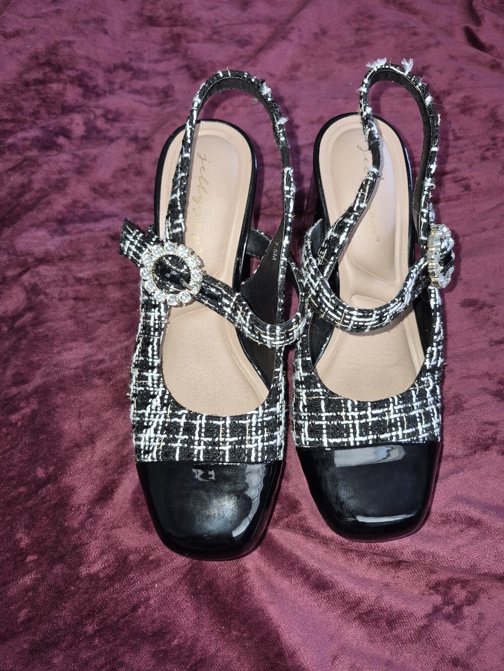 Black & White Tweed Slingback Heels with Gem Accent